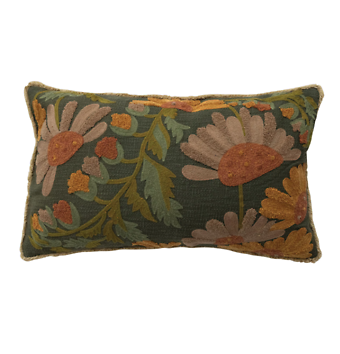Cotton Slub Embroidered Pillow with Flowers